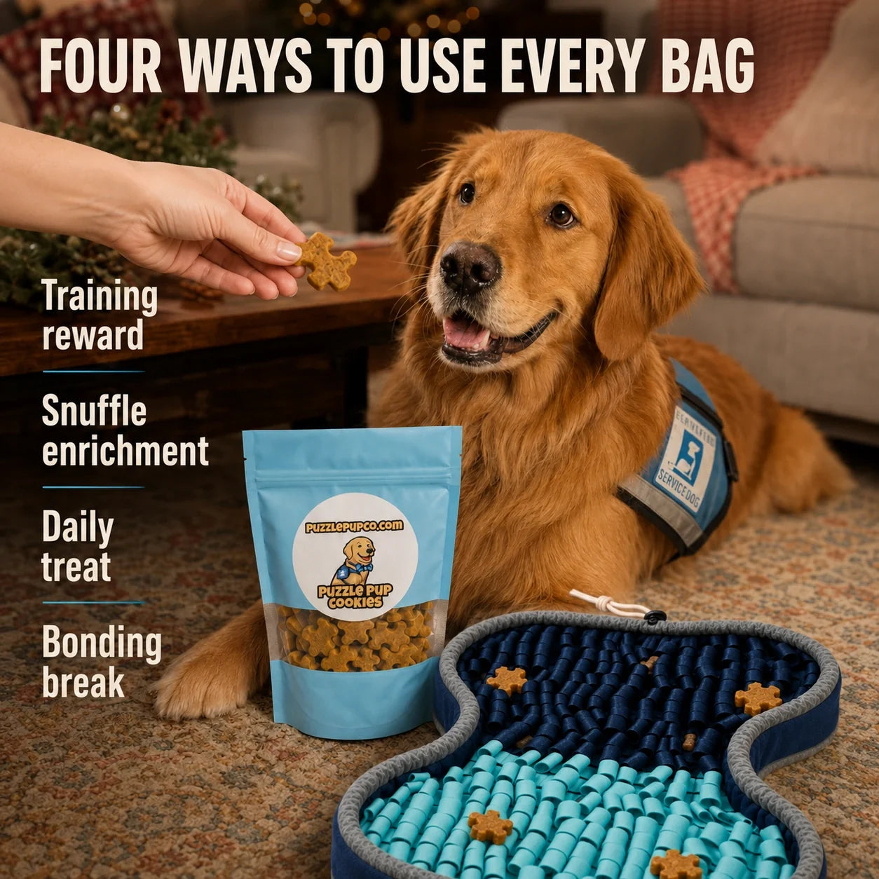 Four ways to use PuzzlePup cookies with Normie and the current hourglass snuffle mat