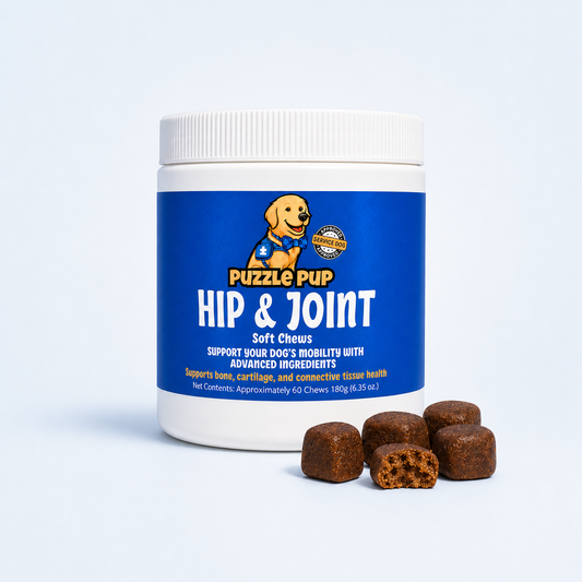 PuzzlePup Hip and Joint Soft Chews jar with soft chews on a clean light background