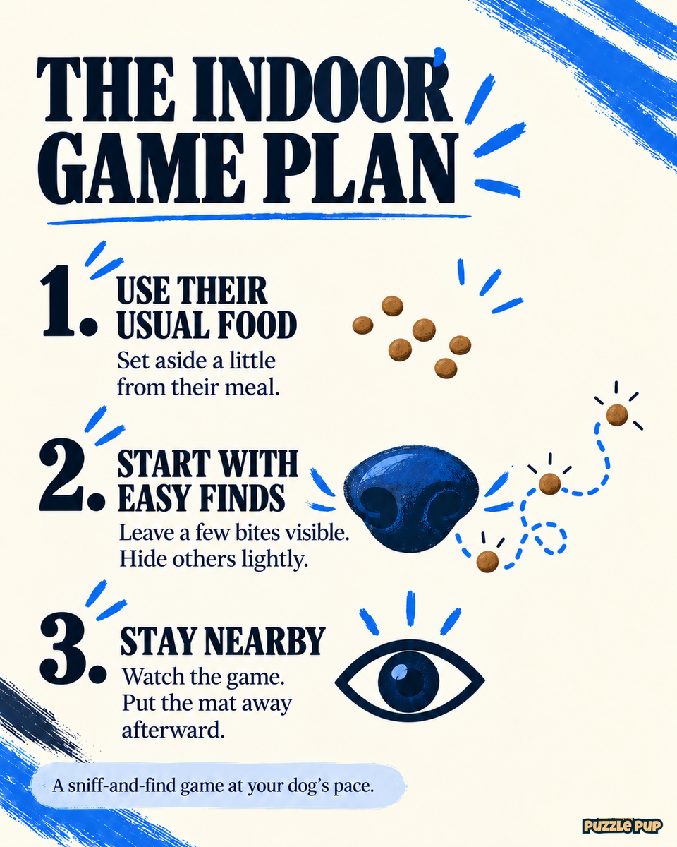 Indoor dog food-hunt guide: set aside a little usual food, leave a few bites visible and hide others lightly, supervise, and put the mat away afterward.