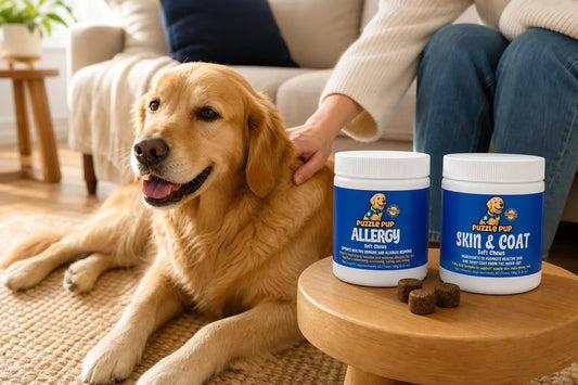 PuzzlePup Allergy and Skin and Coat Soft Chews beside a relaxed golden retriever lifestyle view