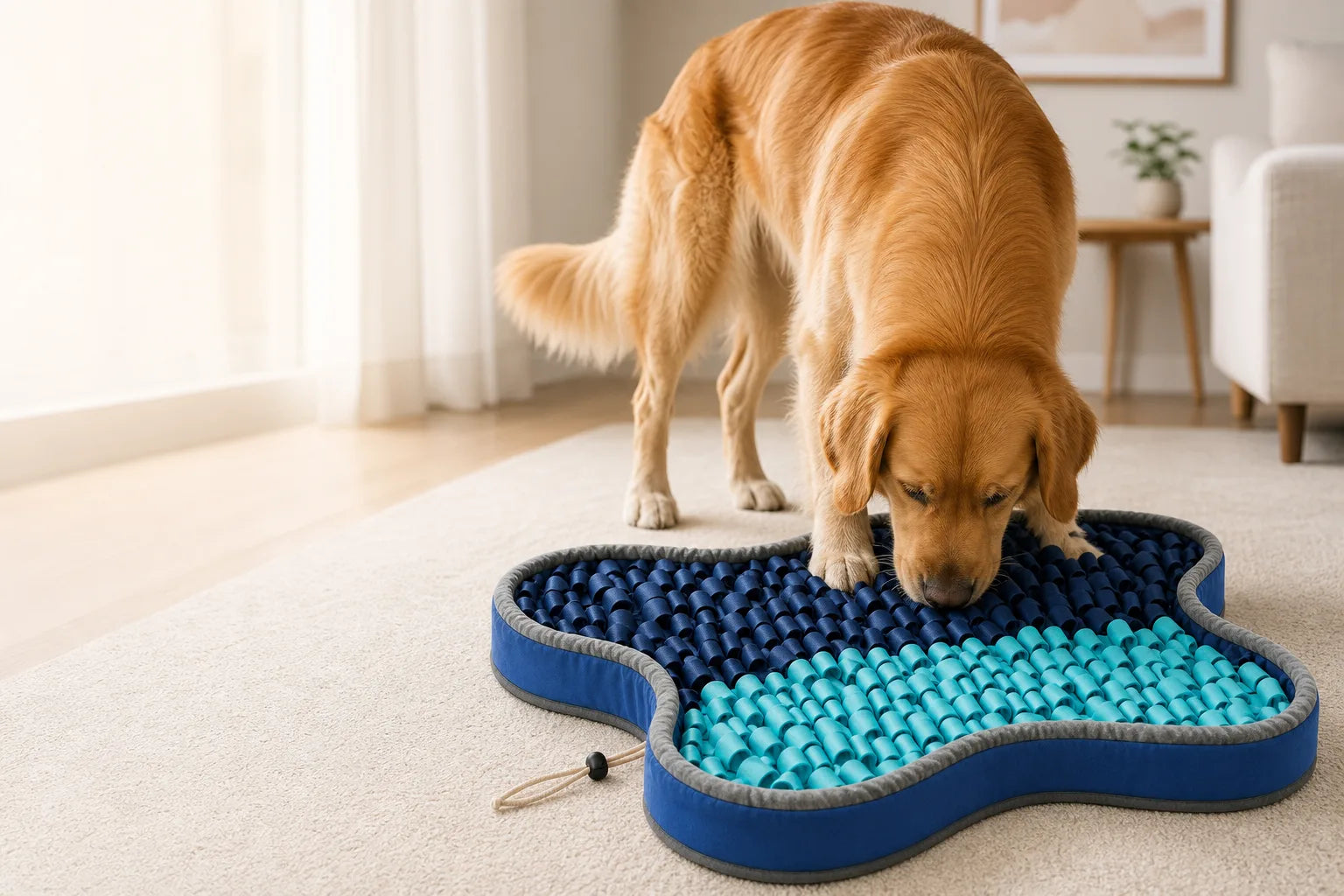 Normie the golden retriever using the blue PuzzlePup Snuffle Mat for slower, enriching mealtimes