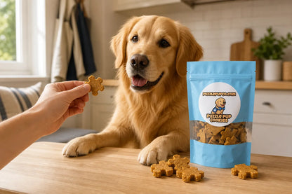 Golden retriever receiving a PuzzlePup pumpkin peanut butter puzzle-piece treat beside the treat pouch