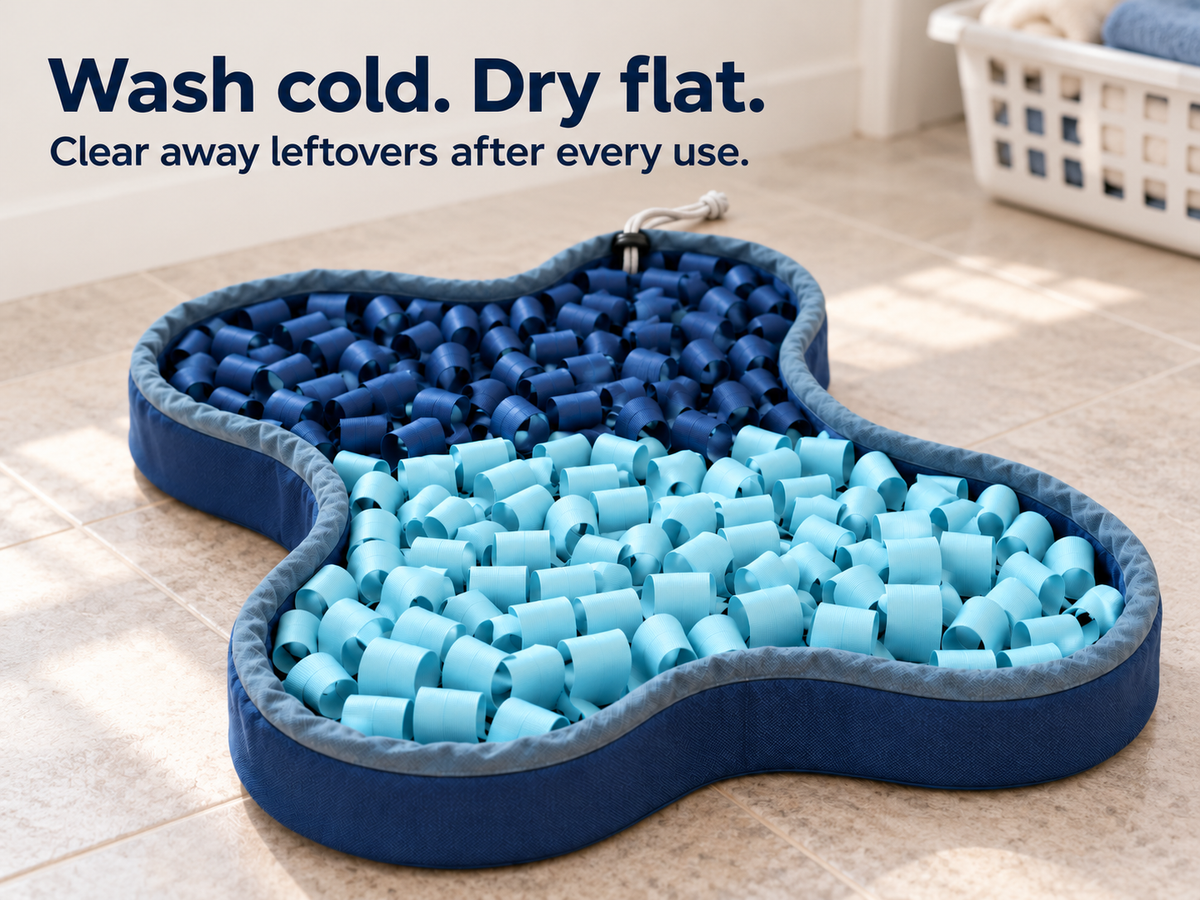 Complete raised-side navy and aqua Mat. Wash cold, dry flat and clear leftovers after every use.