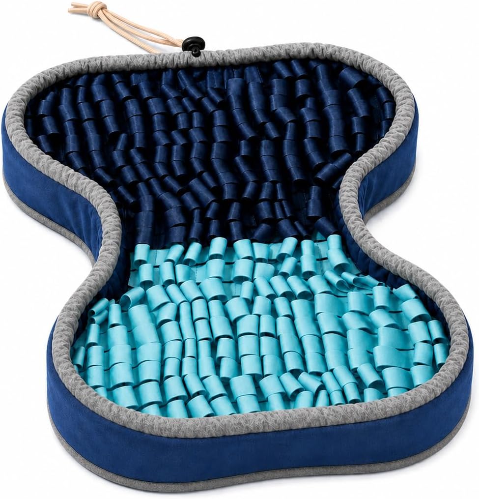 Complete navy and aqua bone-shaped snuffle mat with raised navy sides, gray binding and light drawcord.