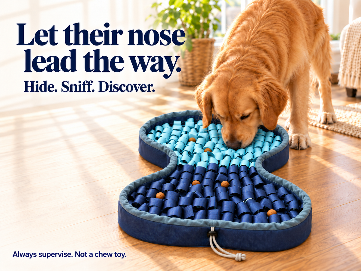 Golden retriever searching a navy and aqua snuffle mat with raised fabric sides.