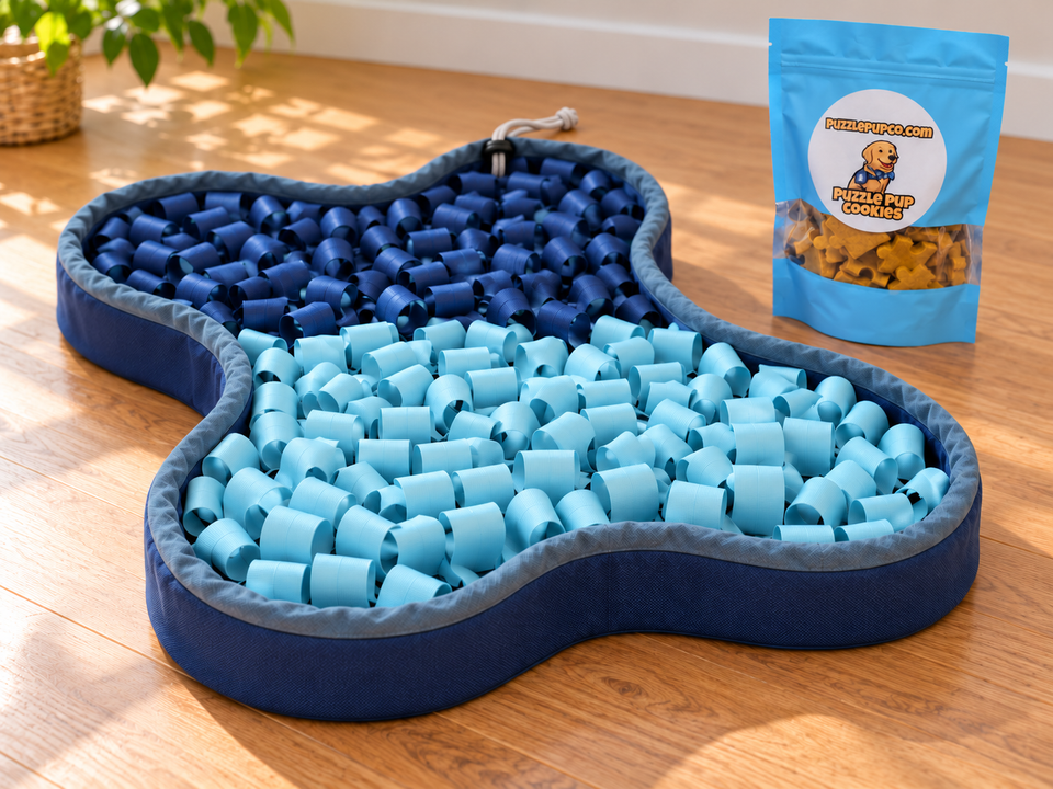 Full navy-and-aqua PuzzlePup Snuffle Mat beside its free 25-count handmade treat bag.