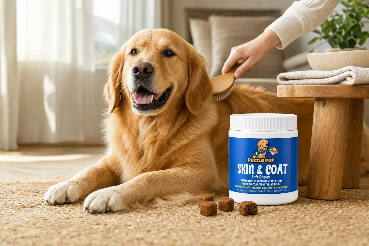 Golden retriever being brushed beside PuzzlePup Skin and Coat Soft Chews