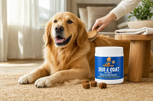 Golden retriever being brushed beside PuzzlePup Skin and Coat Soft Chews lifestyle view