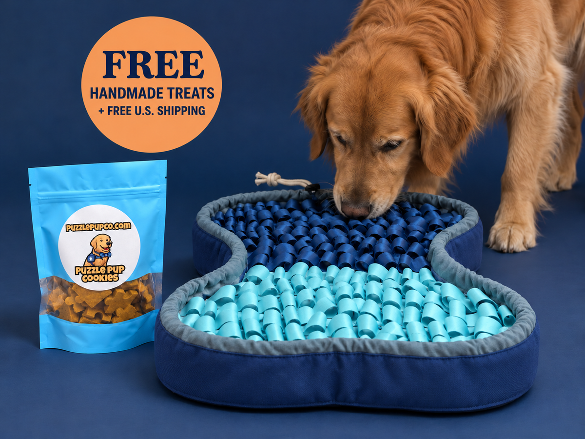 Golden retriever sniffing the raised blue PuzzlePup SmartMat beside handmade treats