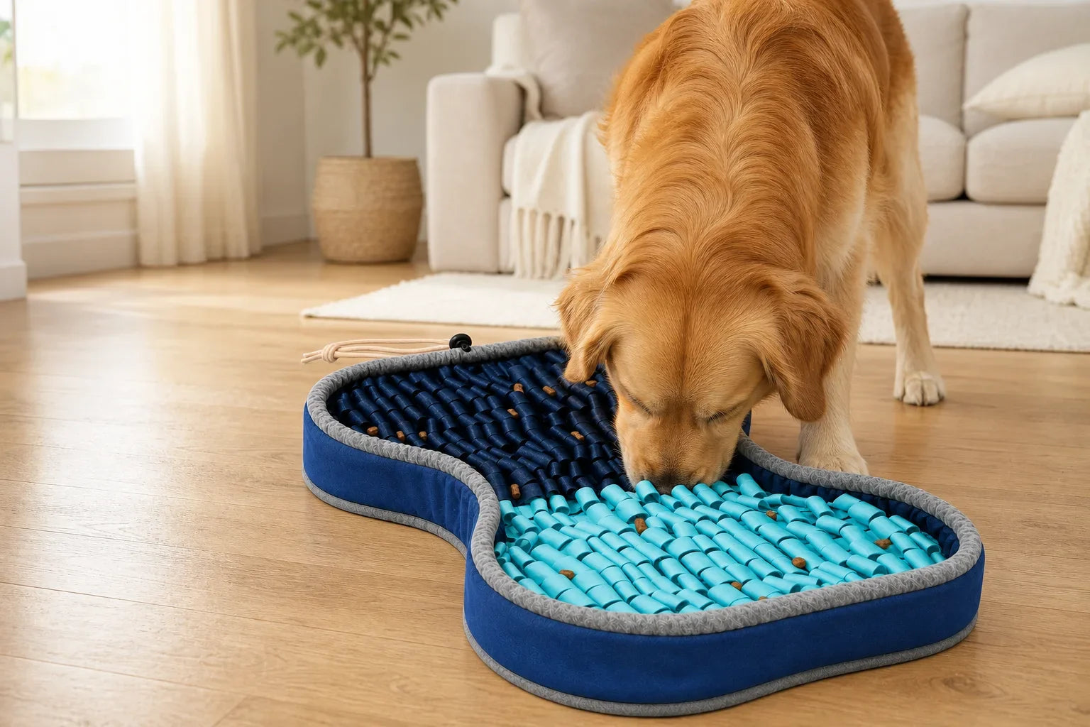Golden retriever using the blue PuzzlePup Snuffle Mat in a sunlit living room