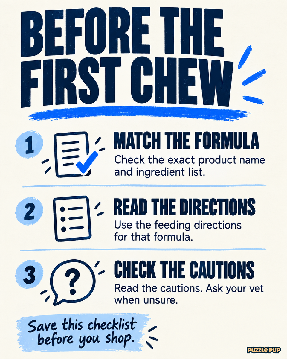 Before the first chew: match the product name and ingredient list, read that formula's feeding directions and check the cautions.