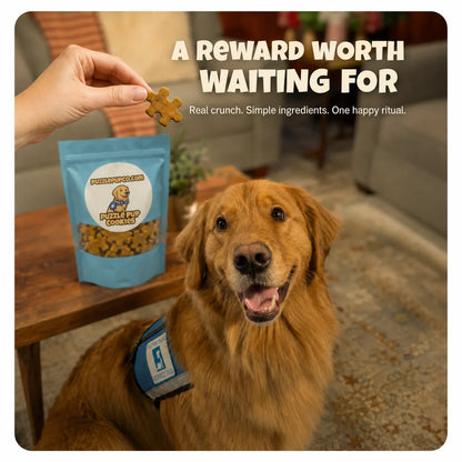 Normie waiting for a handmade PuzzlePup cookie held by a light-skinned hand