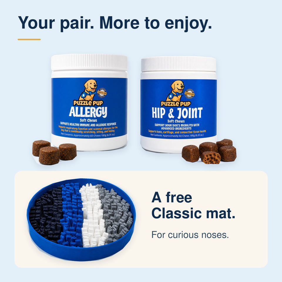 PuzzlePup Allergy and Hip and Joint jars with the round Classic Snuffle Mat included in the two-jar offer.