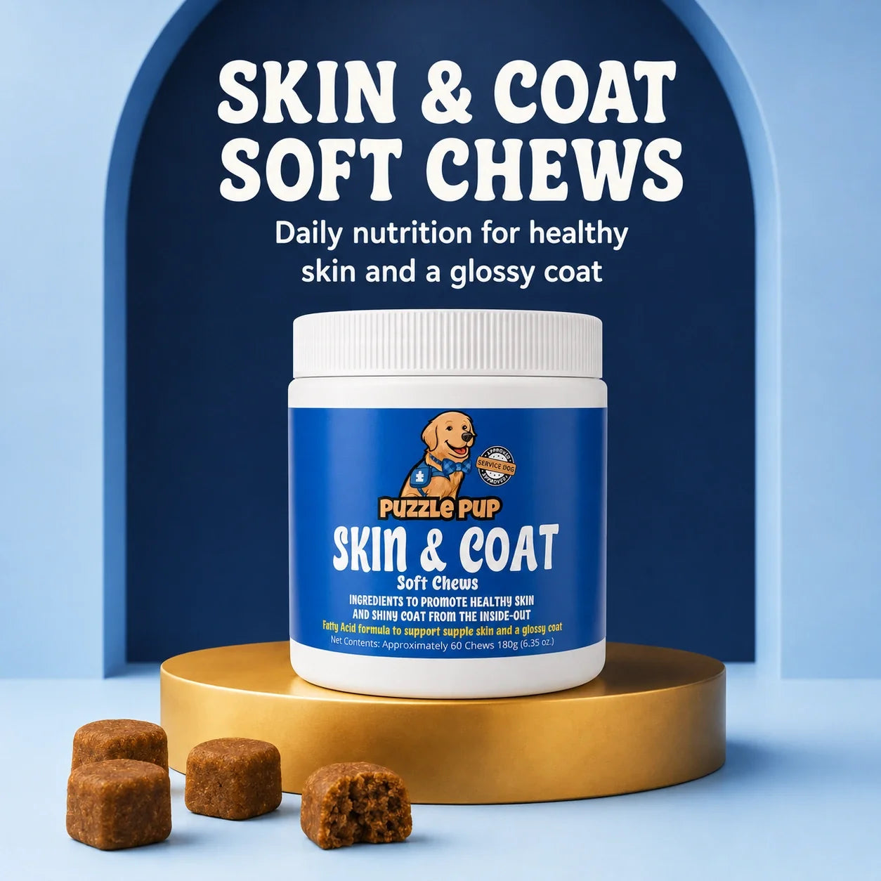 PuzzlePup Skin and Coat Soft Chews jar with soft chews