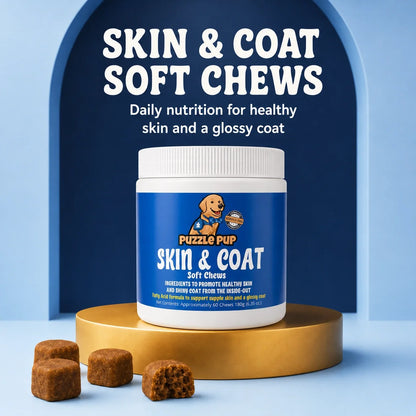 PuzzlePup Skin and Coat Soft Chews jar with soft chews