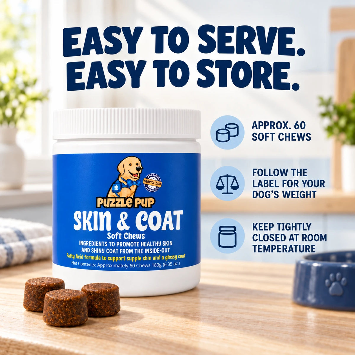 PuzzlePup Skin and Coat Soft Chews: approximately 60 chews, weight-based label directions, and tightly closed room-temperature storage.