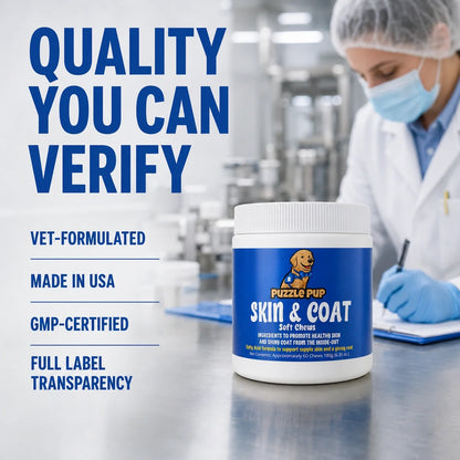 PuzzlePup quality standards: vet-formulated, made in the USA, GMP-certified, and full label transparency