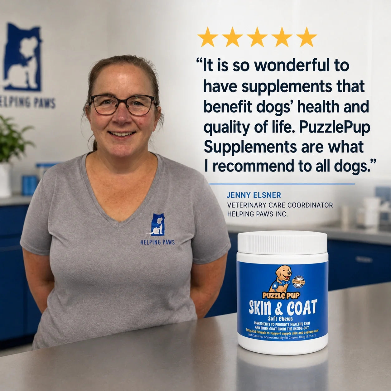 Jenny Elsner, Veterinary Care Coordinator at Helping Paws Inc., recommends PuzzlePup supplements