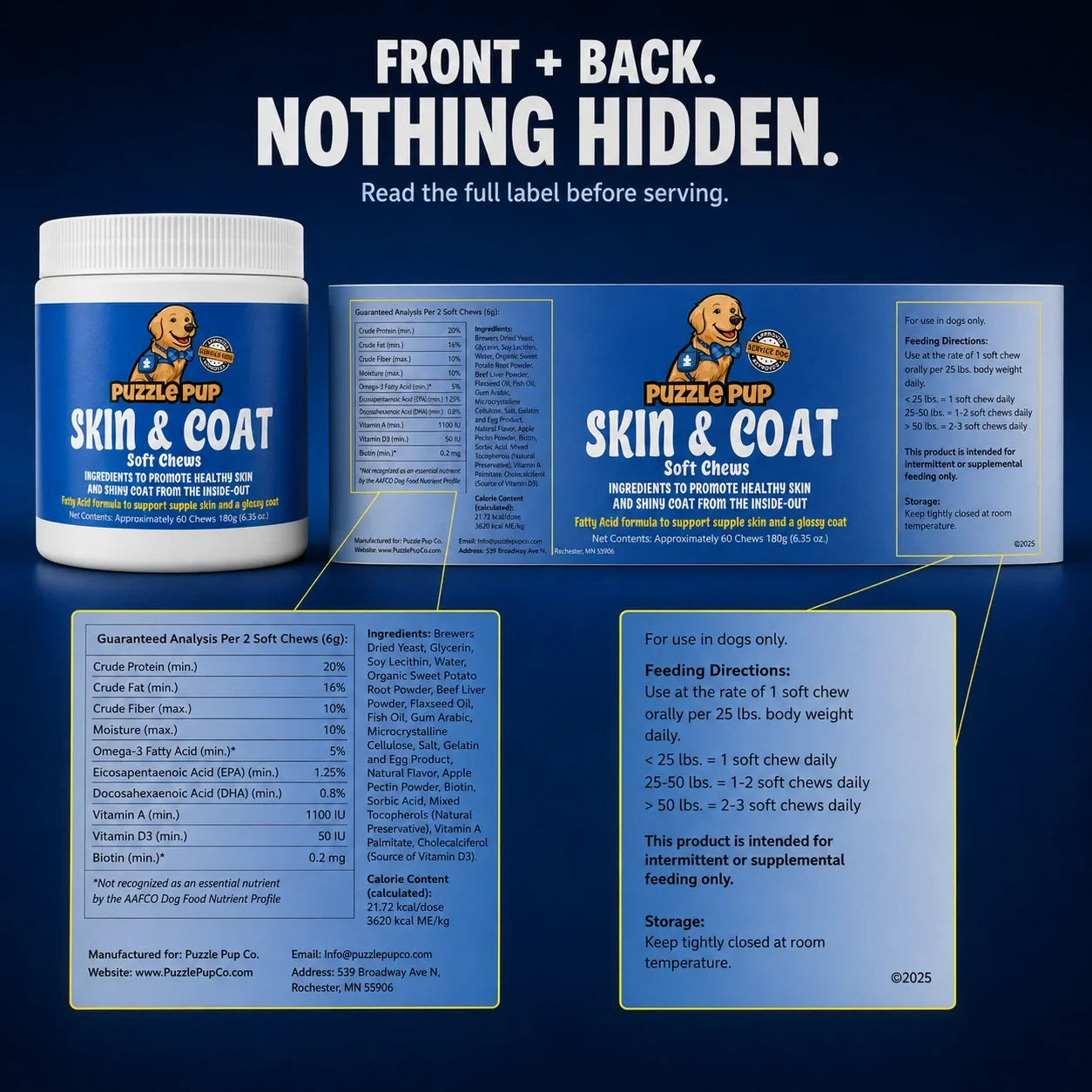 Skin and Coat chews front and back label with guaranteed analysis