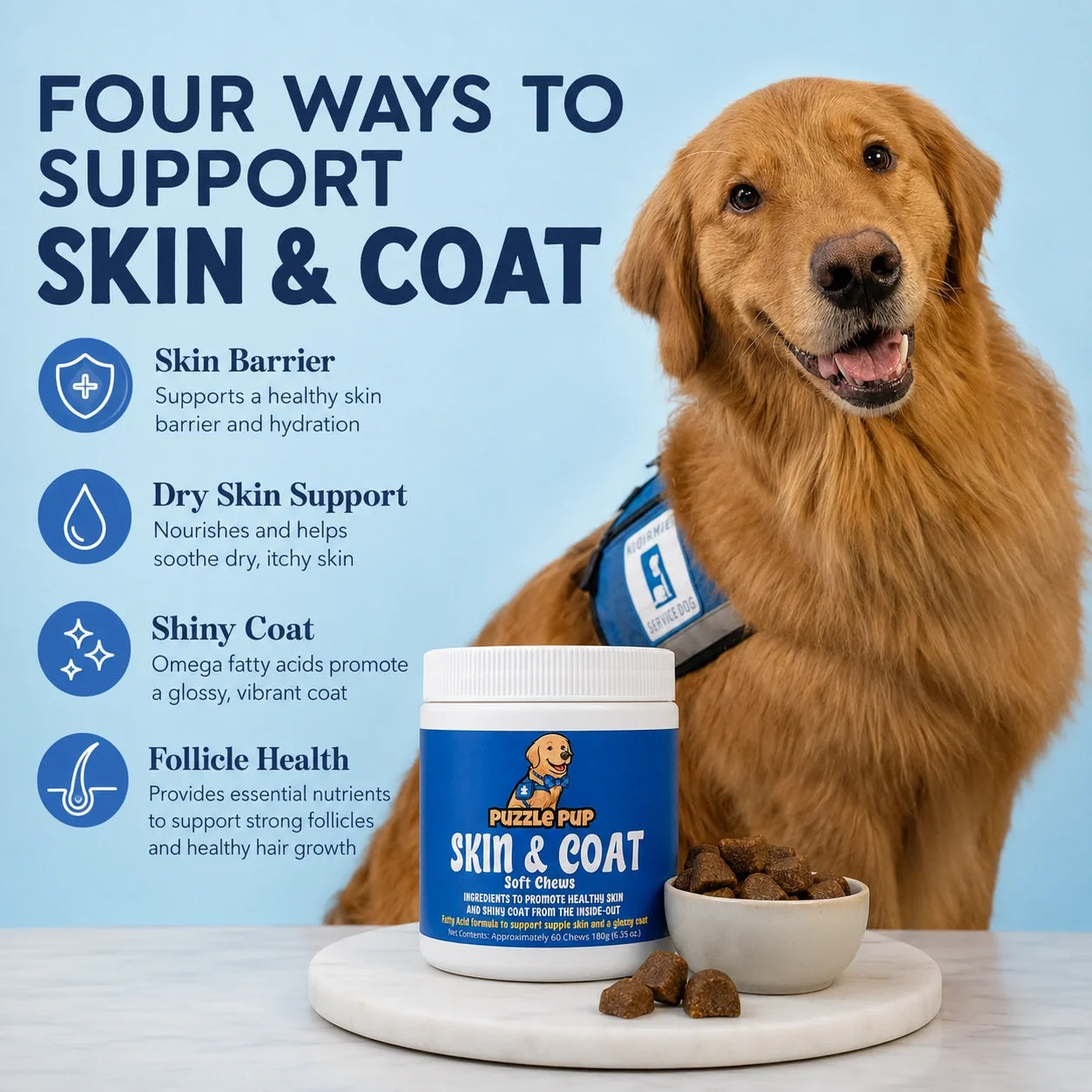 PuzzlePup Skin & Coat Soft Chews support the skin barrier, dry skin comfort, a shiny coat, and follicle health