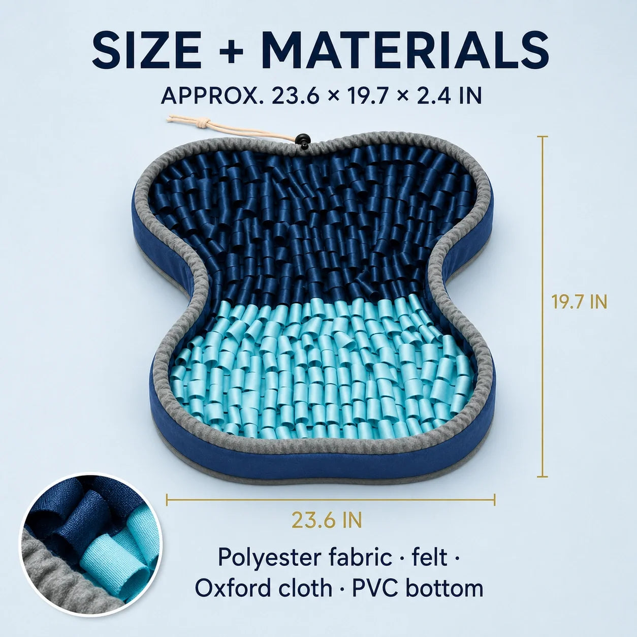 Snuffle Mat size and materials — 23.6 by 19.7 inches, polyester, felt, Oxford cloth, PVC