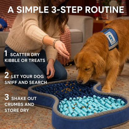 A simple 3-step routine for the PuzzlePup Snuffle Mat — scatter, sniff and search, shake out crumbs and store dry