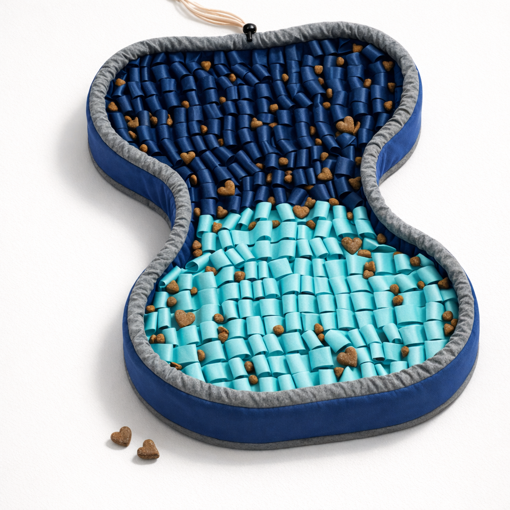 PuzzlePup Snuffle Mat top-down with treats hidden in the navy and teal fabric loops
