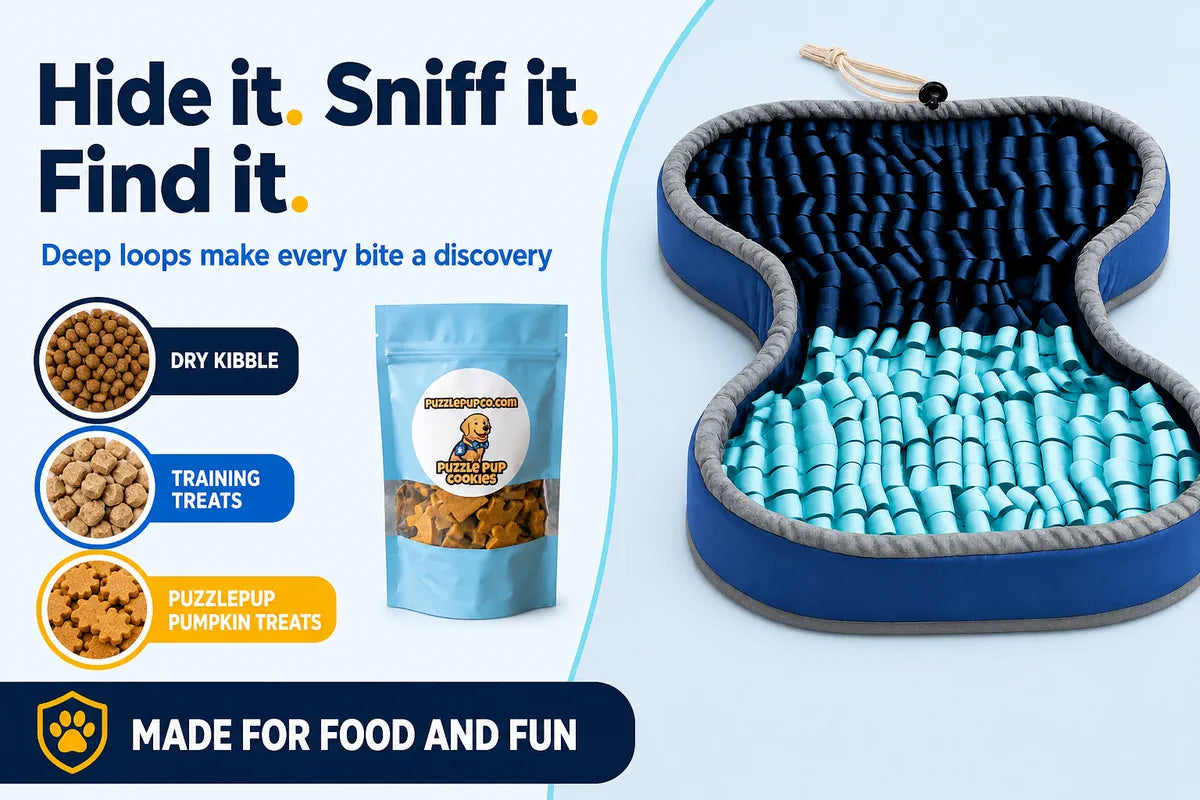 Kibble, training treats, and pumpkin treats hidden in the PuzzlePup Snuffle Mat