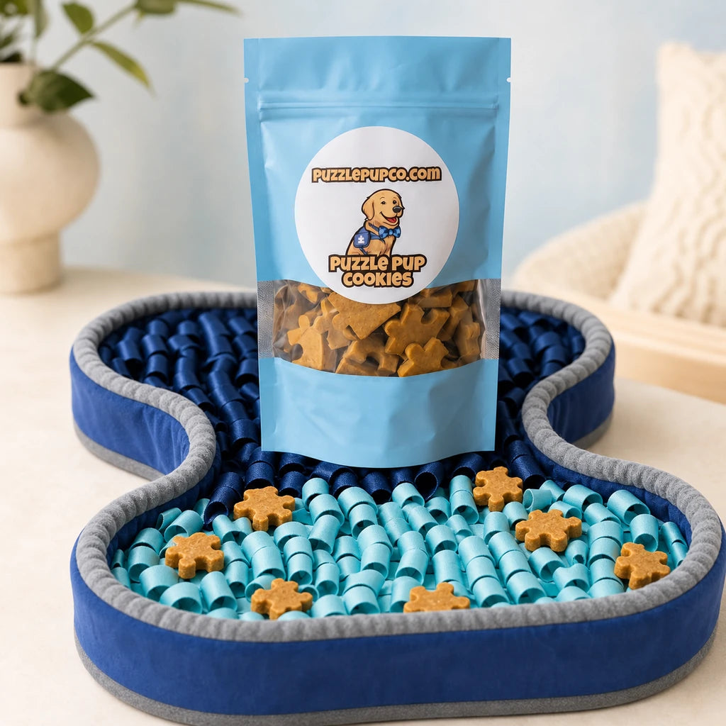 PuzzlePup Pumpkin and Peanut Butter Treats displayed with the current PuzzlePup Snuffle Mat