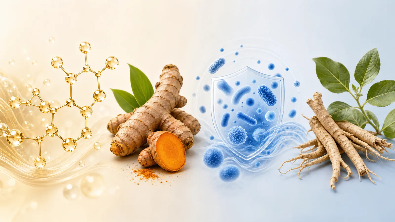 Visual guide to quercetin, turmeric root, postbiotics, and ashwagandha root