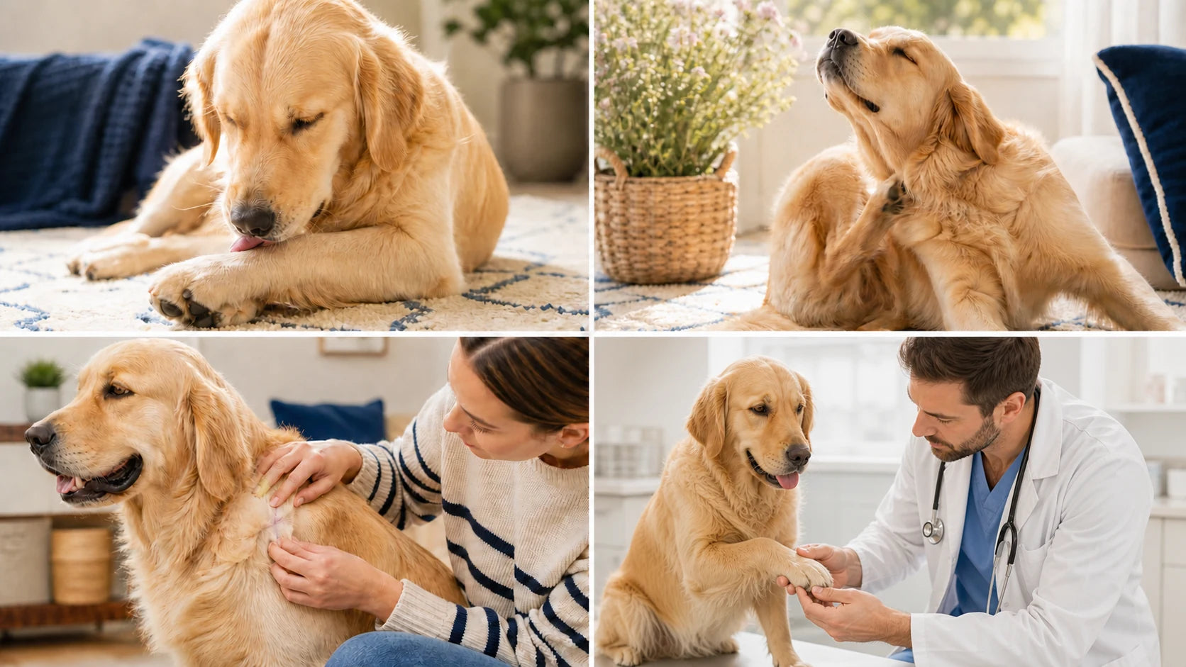 Four common situations to discuss when a dog licks paws, scratches seasonally, has skin discomfort, or needs a veterinary check