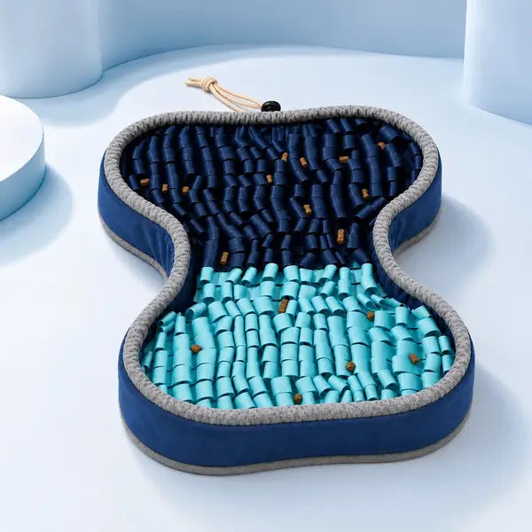 PuzzlePup blue bone-shaped SmartMat in a premium studio setting