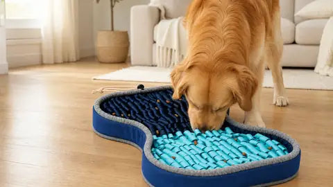 Golden retriever foraging in the blue bone-shaped PuzzlePup Snuffle Mat